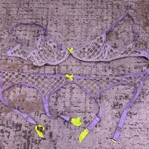 Agent Provocateur Purple and Neon Yellow Lace Bra Set
